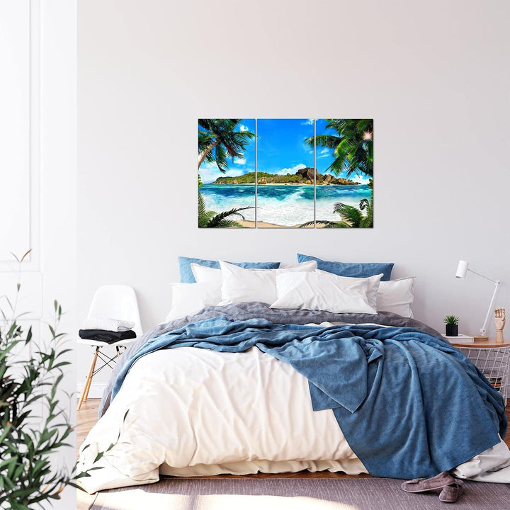 Runa Art Wandbilder Meer Strand Bild XXL Wohnzimmer Schlafzimmer Blau Palme Meer 120 x 80 cm 3 Teili