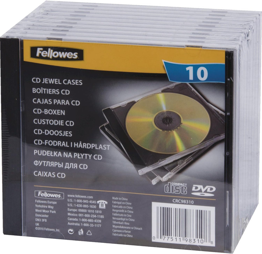 Fellowes CD Hüllen Standard, schwarze Rückseite mit transparentem Deckel, Jewel Case für CDs/DVDs, P
