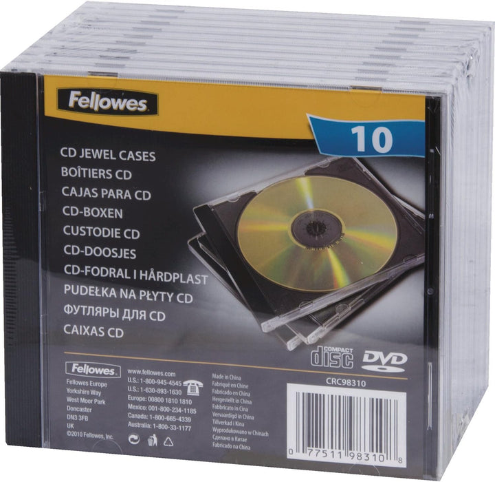 Fellowes CD Hüllen Standard, schwarze Rückseite mit transparentem Deckel, Jewel Case für CDs/DVDs, P