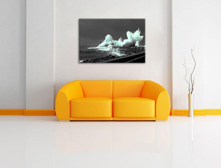 unruhiges Meer und hohe Wellen schwarz/weiss Format: 100x70 auf Leinwand, XXL riesige Bilder fertig