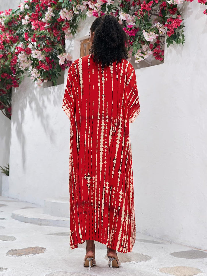 Bsubseach Damen Print Beach Kaftan Kleid Kurzarm Plus Size Strandponcho C- Rot, C- Rot