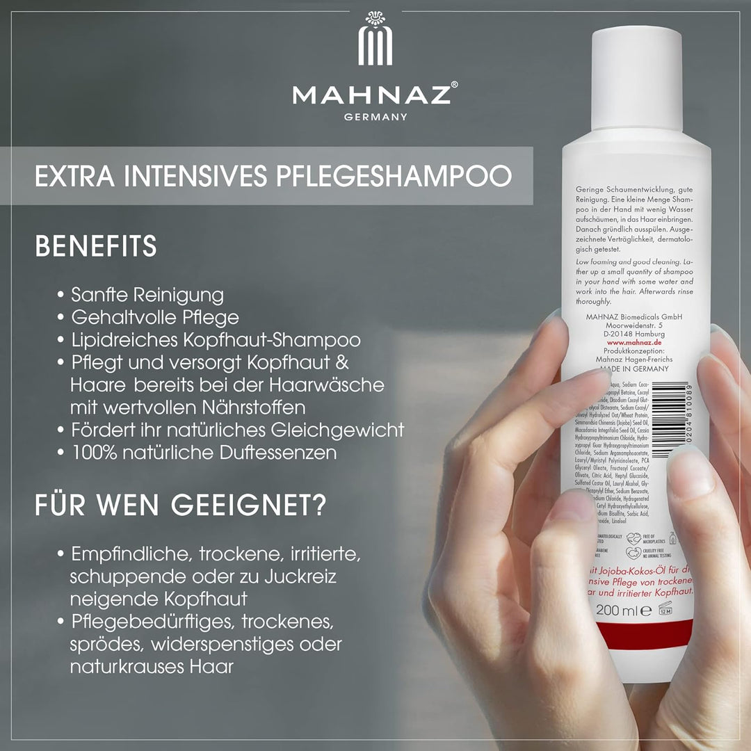 MAHNAZ® Veganes Shampoo für trockene Kopfhaut &amp; trockenes Haar - 200ml - Intensives Feuchtigkeitssha