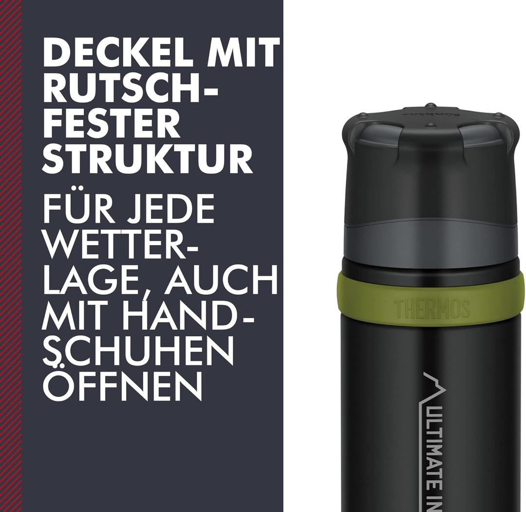 THERMOS MOUNTAIN BEVERAGE BOTTLE 0,75l, black, Thermosflasche Edelstahl mit Trinkbecher, 24 h heiss