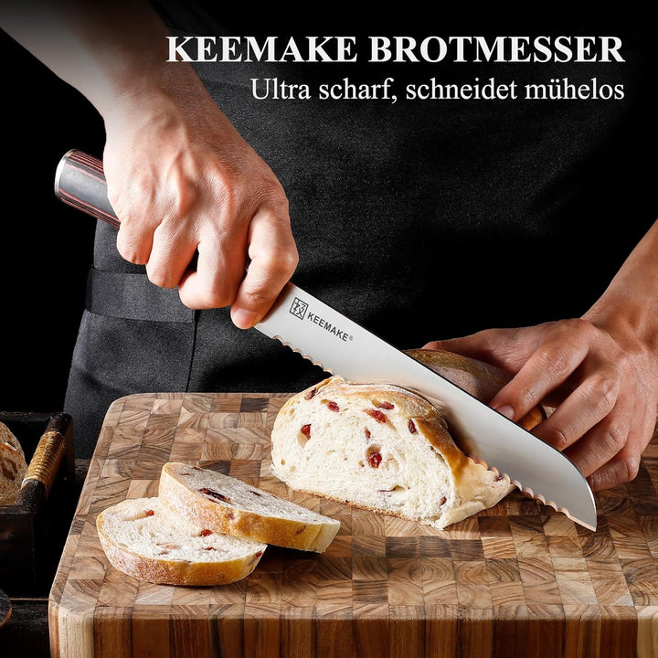 KEEMAKE Brotmesser mit Wellenschliff, Extra scharfes Brotschneidemesser 20 cm aus hochwertigem rostf