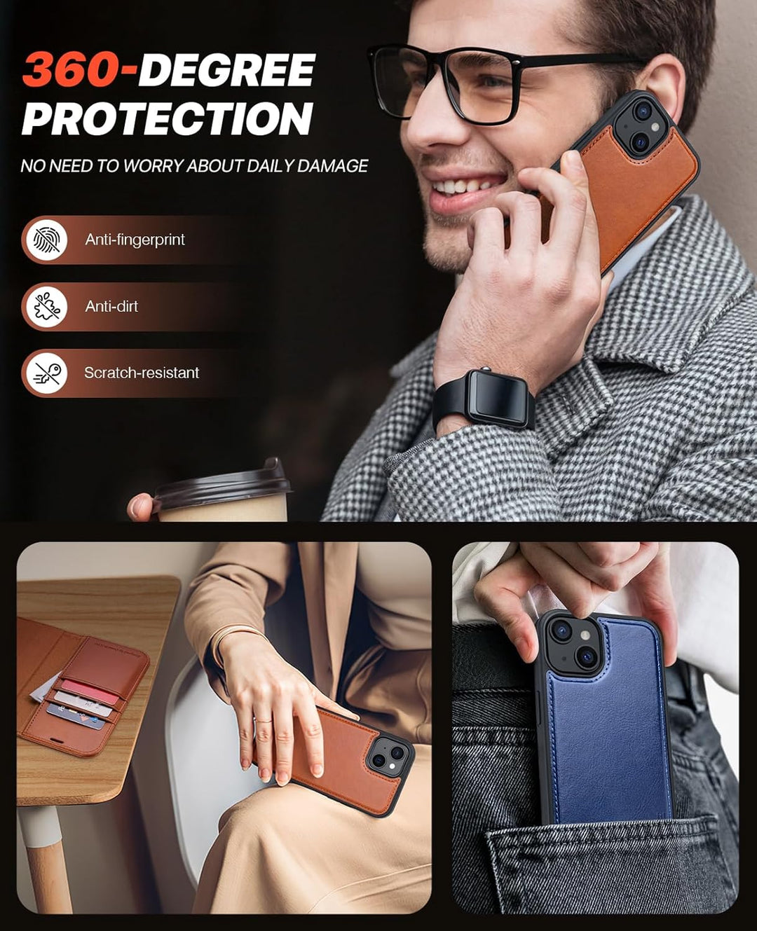 OCASE iPhone 15 Plus Hülle(2in1) Leder Stossfestes Case [Abnehmbare magnetische Hülle] [Kabelloses L