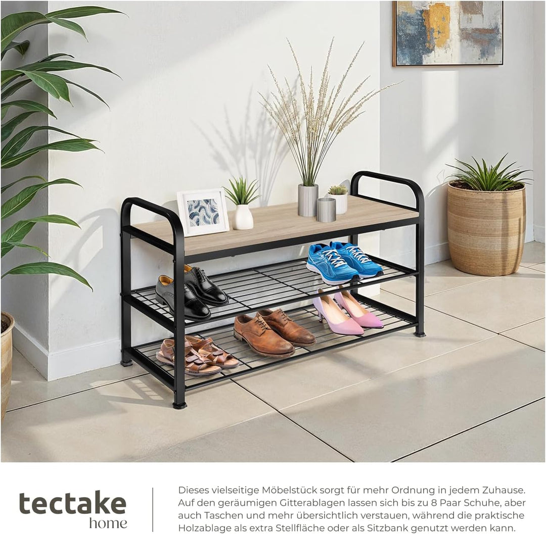 tectake 800951 Schuhregal mit Sitzfläche, Schuhbank aus Holz und Metall, Industrie-Design, 3 Ebenen