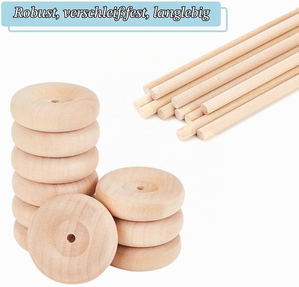 OLYCRAFT 30 Stück 50x16mm Holz-Bastelräder mit 15 Stück 15cm Holzstäbchen - Premium Holzräder für He