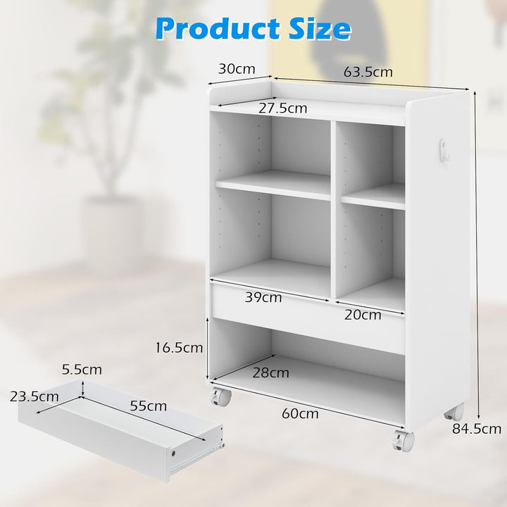GIANTEX Rollcontainer, Bücherregal mit Schubladen, Rollen & Haken, 63,5 x 30 x 84,5 cm Aktenschrank