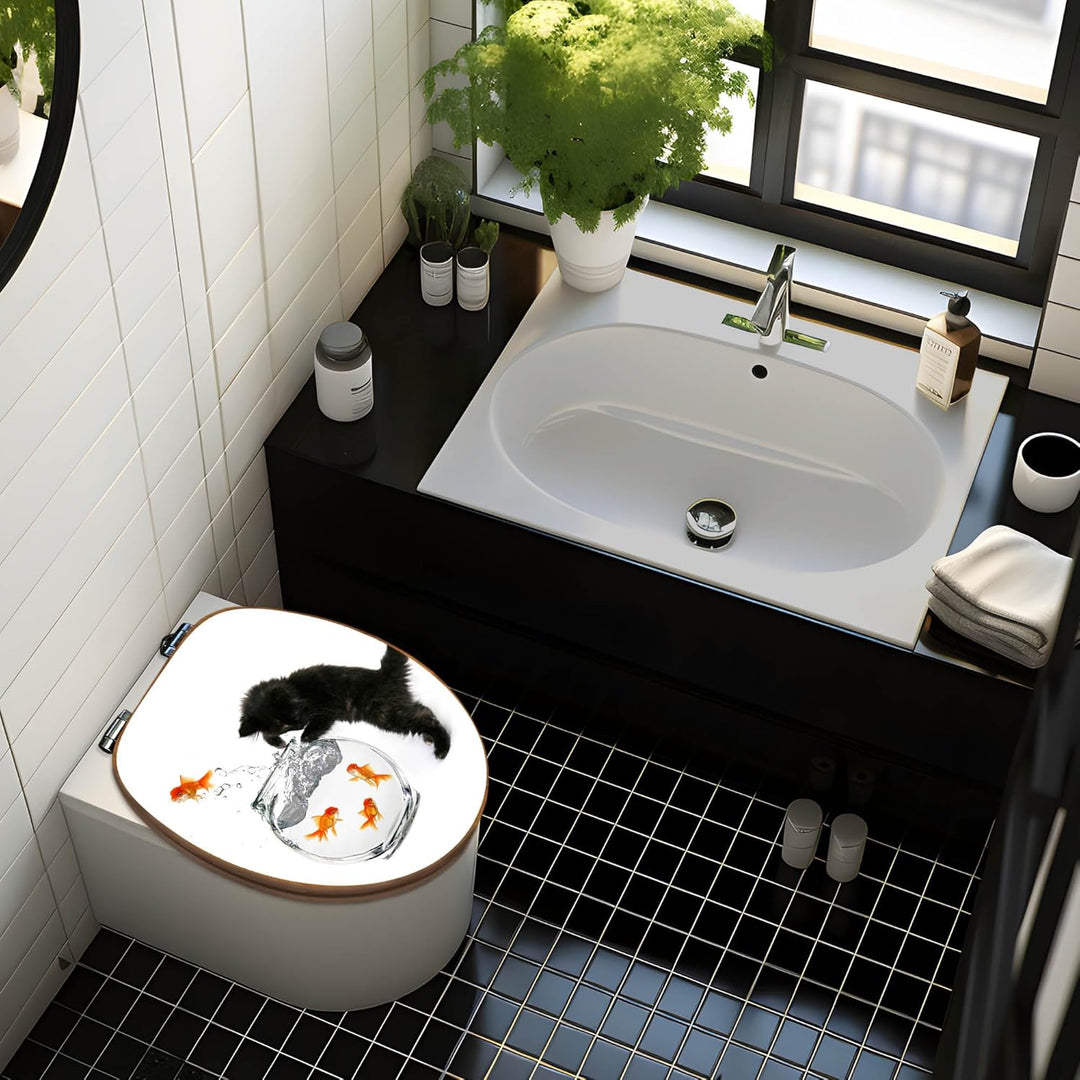 banjado® Design WC Sitz Bambus Absenkautomatik mit Motiv Katze Und Fisch/Toilettendeckel mit Absenka