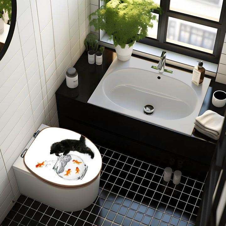 banjado® Design WC Sitz Bambus Absenkautomatik mit Motiv Katze Und Fisch/Toilettendeckel mit Absenka