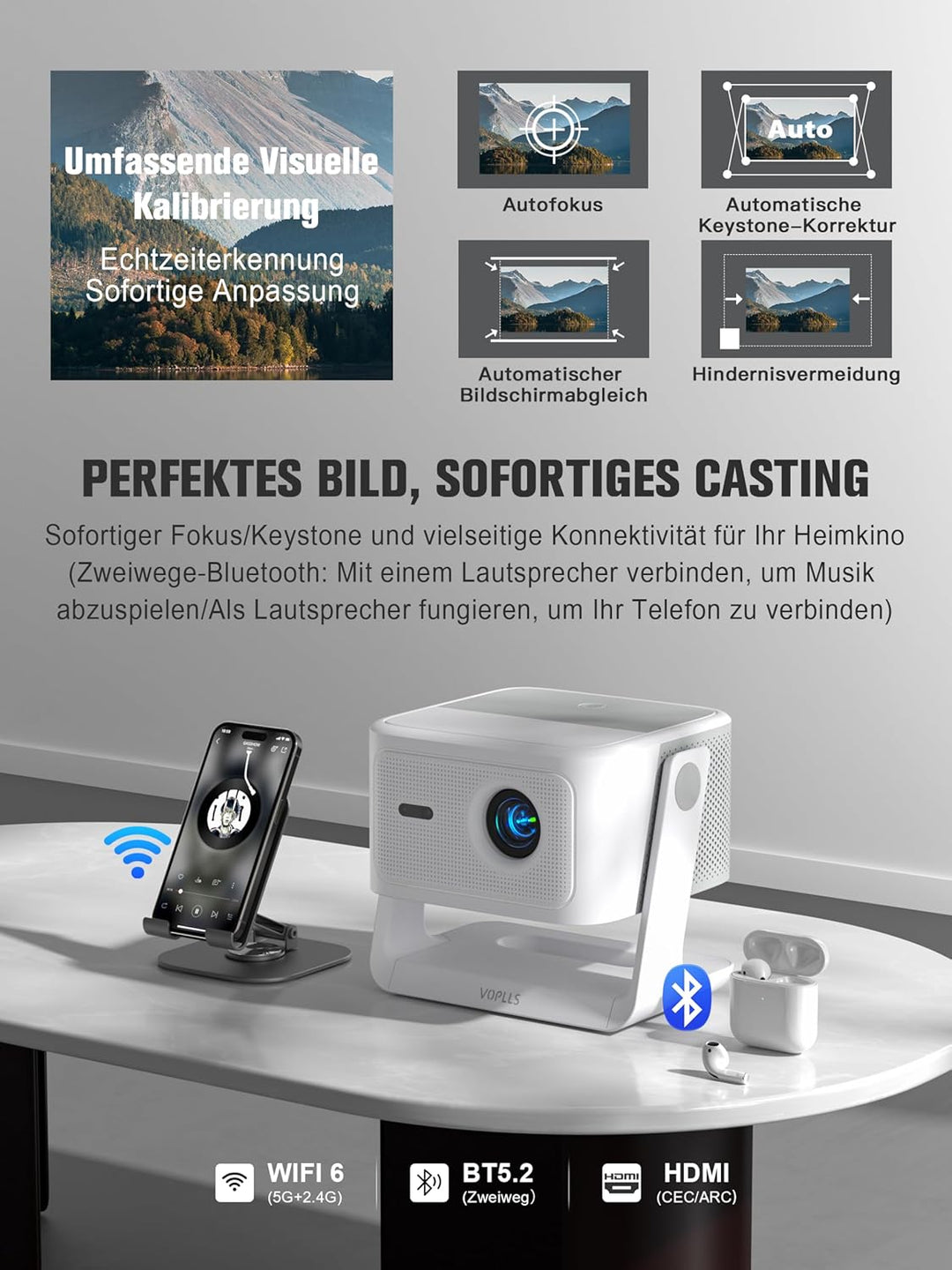 【Google TV/Netflix Offiziell】 Smart Beamer 4K Heimkino, VOPLLS 1200ANSI Projektor mit Autofokus ＆ Tr