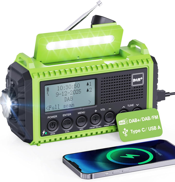 Kurbelradio DAB/UKW mit Akku 5000mAh, Tragbare Solar Radio mit LED Taschenlampe & Leselicht, DAB+ Ba