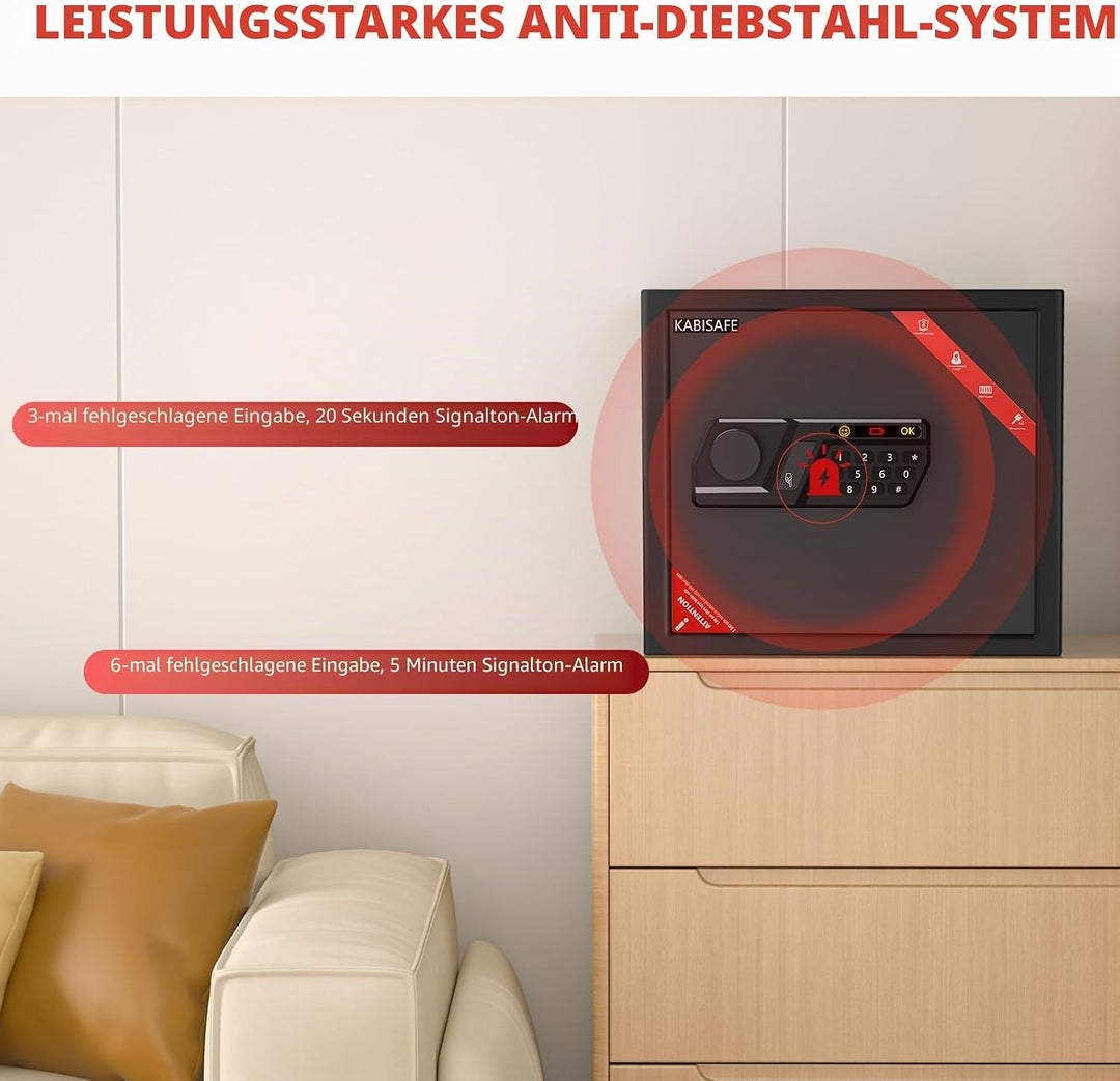 30L Tresor – Stahl-Safe, Möbeltresor mit Zahlenschloss & Code-Alarmsystem, LED-Beleuchtung, Abnehmba