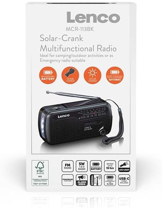 Lenco MCR-113BK Notfallradio mit Kurbel, Solar, Powerbank, FM/KG Radio, SOS-Alarm, LED-Taschenlampe,