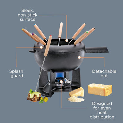 Spring Gusseisen Fondue Set schwarz | Ø 20 cm | mit 8 Fonduegabeln und Spritzschutz | für Käsefondue