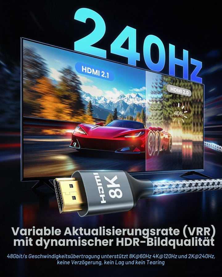 ARISKEEN 8K HDMI 2.1 Kabel 5Meter, 48Gbps High Speed Nylon Geflochtenes HDMI Kabel, Unterstützt 8K@6