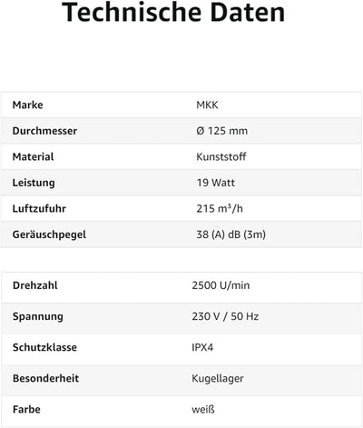 Kanal Rohrventilator Rohreinschub Abluft Lüfter Rohr Ventilator Leise WKA Ø 125 mm Kugellager Rohrlü