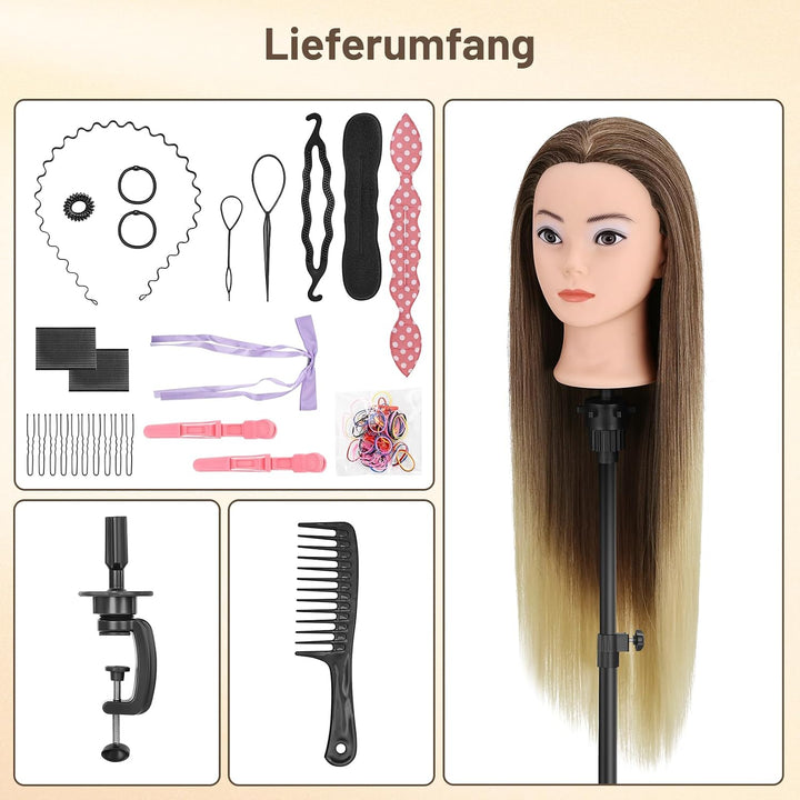 TwoWin 100% Synthetischer Frisierkopf, Übungskopf 28 Zoll /71cm Friseurkopf, Trainingskopf für Frise