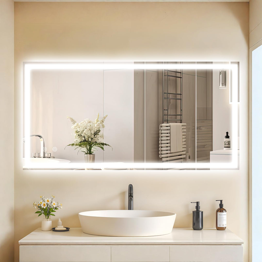 Clevich Badspiegel mit Beleuchtung 120×60 cm, LED Spiegel mit 3 Lichtfarben Dimmbar, Gehärtetes Glas