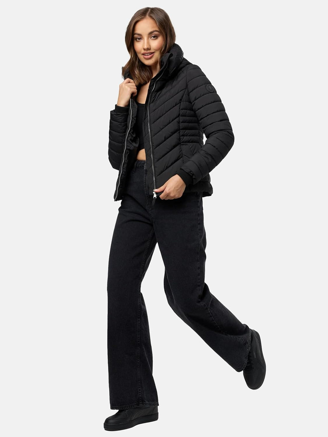 MARIKOO Damen Übergangsjacke leichte Steppjacke kurz mit Abnehmbarer Kapuze Kagomee XS-XXL XL Schwar