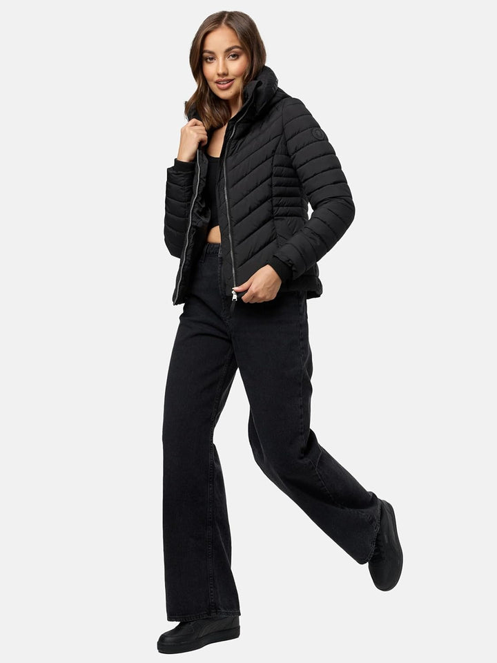 MARIKOO Damen Übergangsjacke leichte Steppjacke kurz mit Abnehmbarer Kapuze Kagomee XS-XXL XL Schwar