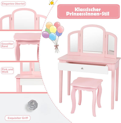 GOPLUS 2 in 1 Kinder Schminktisch/Schreibtisch, Frisiertisch & Stuhl, Kosmetiktisch mit Abnehmbarem