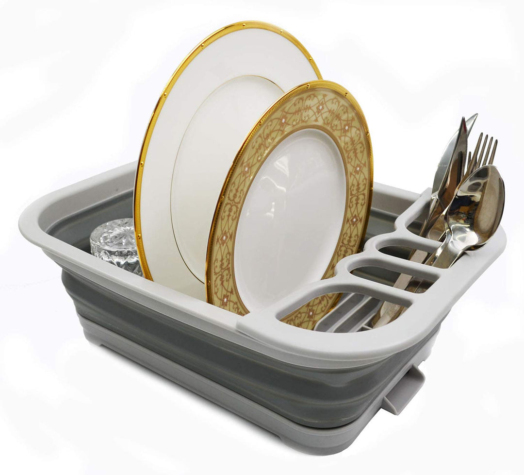 SAMMART Collapsible Plastic Dish Drainer with Drainer Board - Foldable Drying Rack Set - Portable Di