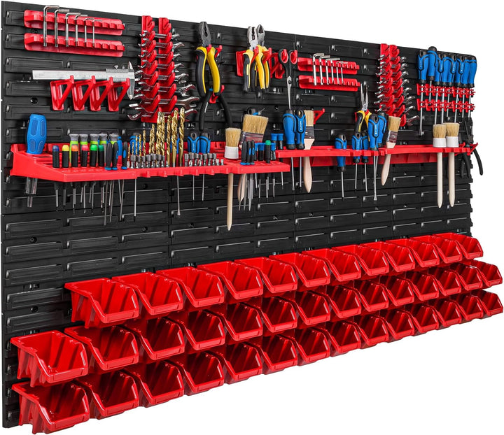 Lagersystem Werkstattregal | 156 x 78 cm | 40 stck. Box | Wandregal mit Werkzeughalterungen und Stap