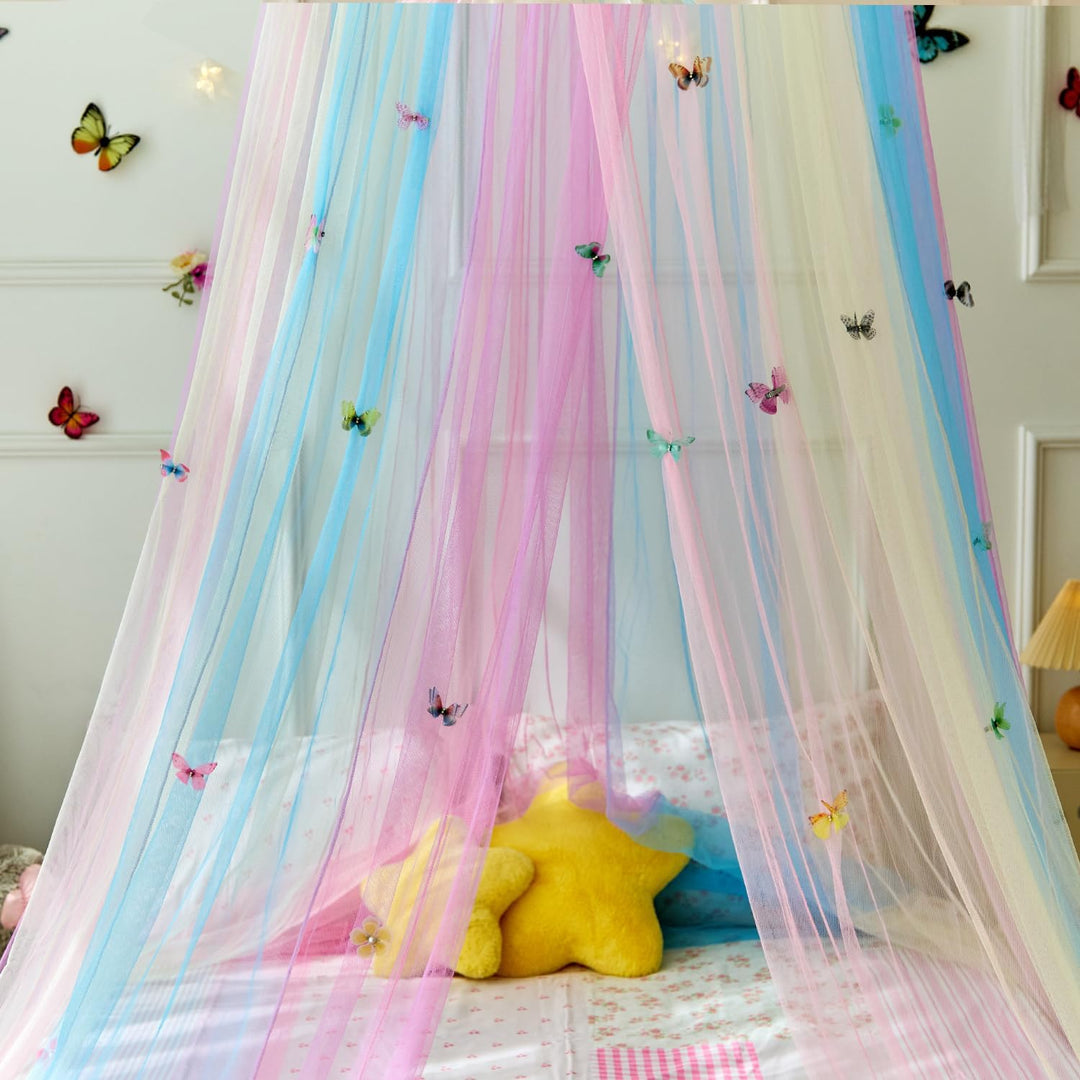Regenbogenbett Vordach mit Schmetterlingen für Mädchen,Atemaktiver Vordach für Bett,Prinzessin Spiel