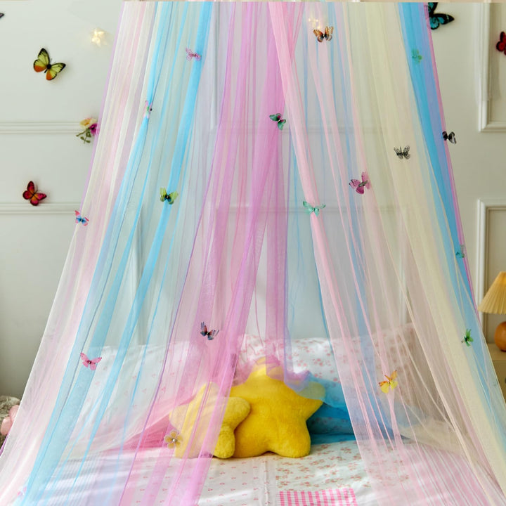 Regenbogenbett Vordach mit Schmetterlingen für Mädchen,Atemaktiver Vordach für Bett,Prinzessin Spiel