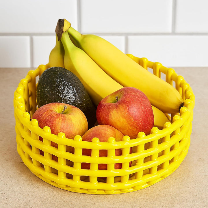 Baroni Home Mehrzweckkorb aus Keramik, Obstkorb, Tischdeko, Taschenleerer, rund, gelb, 21 x 21 x 9 c