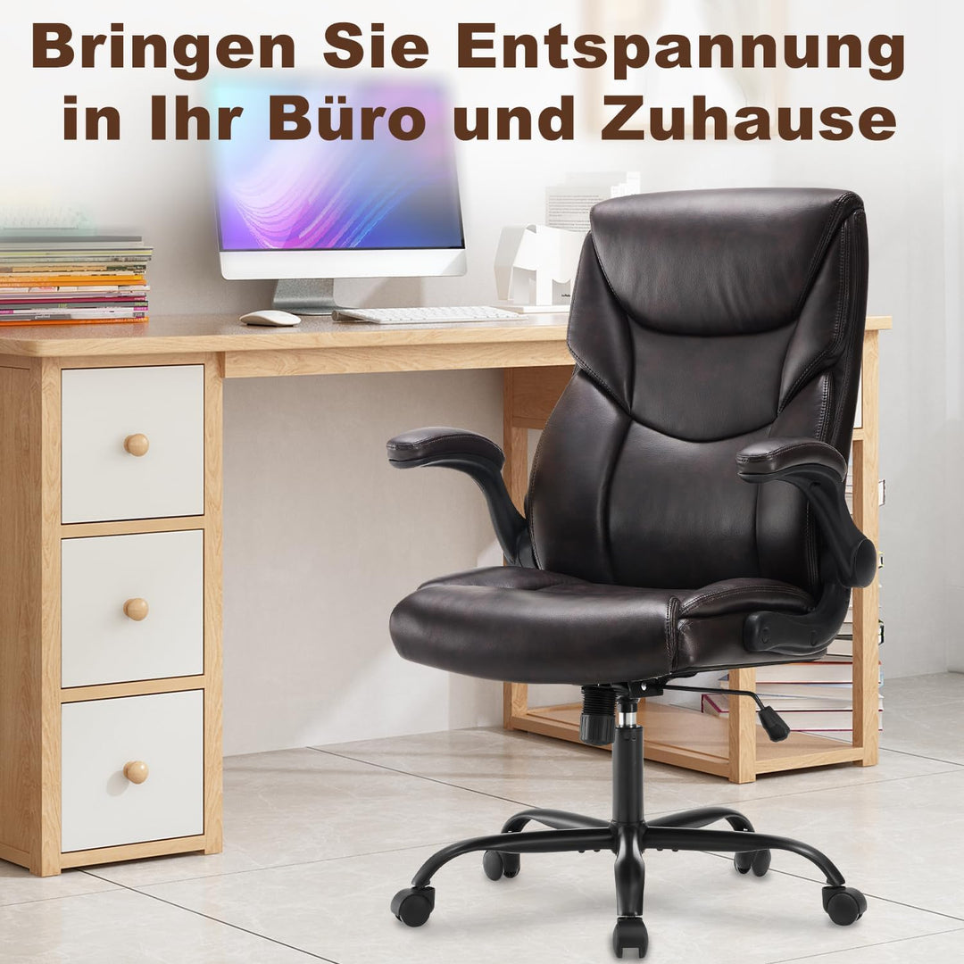 DUMOS Bürostuhl Pu-Leder Chefsessel mit Hochklappbaren Armlehnen Bürostuhle Leder mit Drehbaren Räde