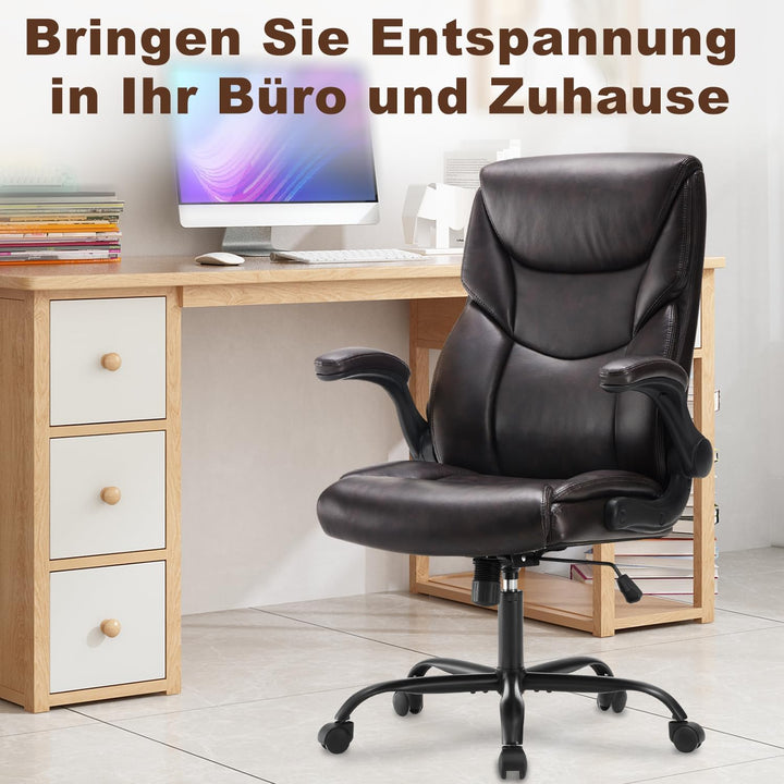 DUMOS Bürostuhl Pu-Leder Chefsessel mit Hochklappbaren Armlehnen Bürostuhle Leder mit Drehbaren Räde
