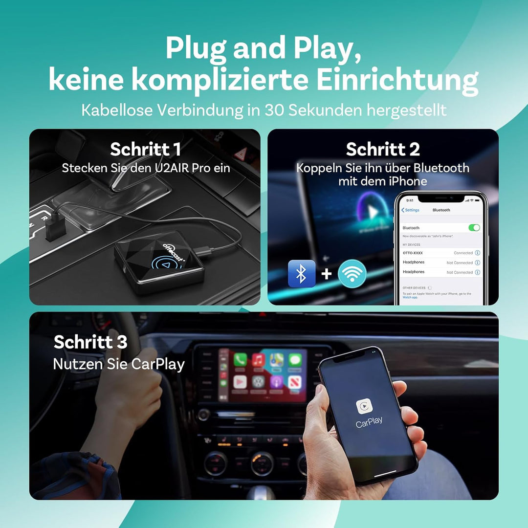 OTTOCAST U2Air Pro Wireless CarPlay Adapter, Nahtlose Bluetooth- und Wi-Fi-Verbindung, Kompatibel mi
