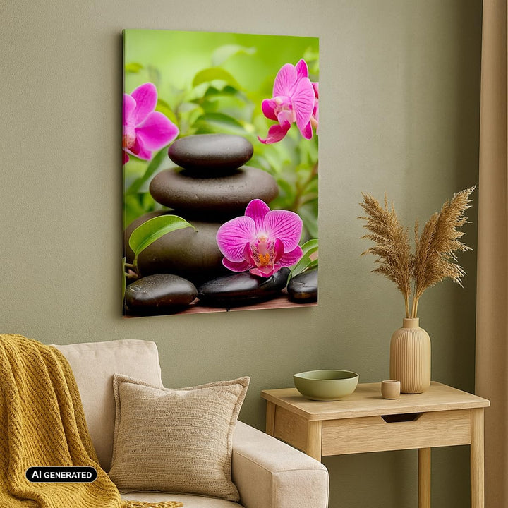 Bilder auf Leinwand 55x100cm Leinwandbild mit Rahmen Blumen Steine Bambus Dekoration Gross Wanddeko