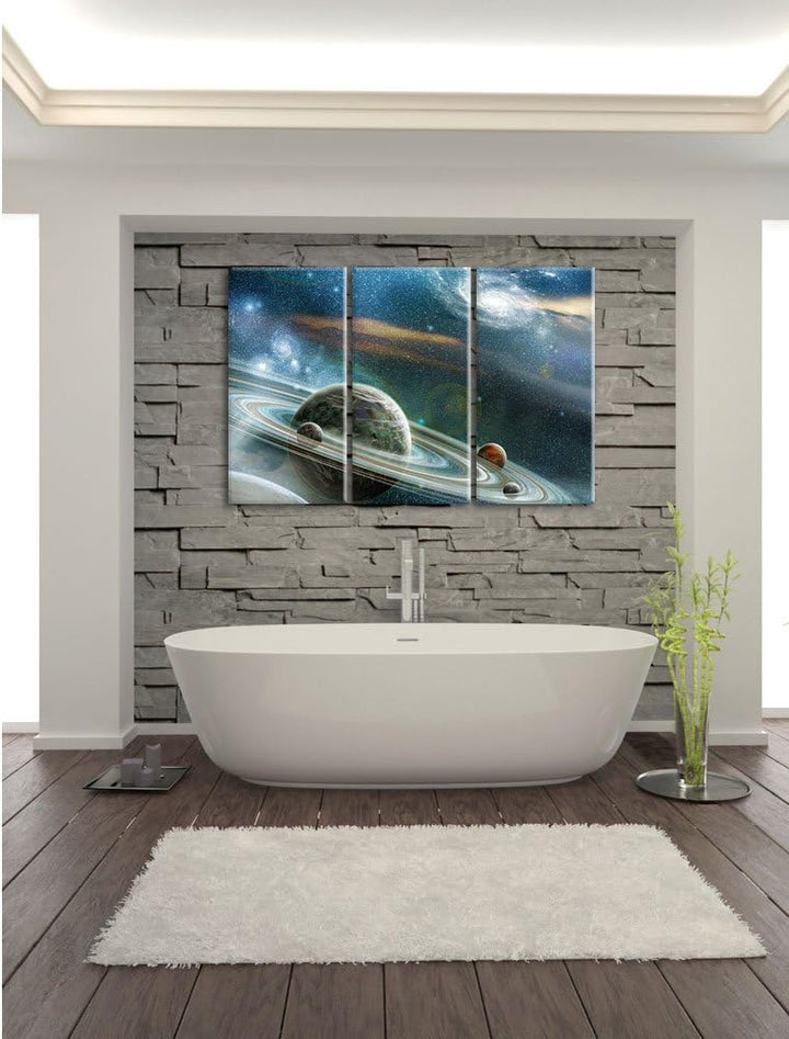 Pixxprint Planet mit Ringsystem / 3-Teilig/Gesamtmass 120cm Leinwandbild bespannt auf Holzrahmen/Wan