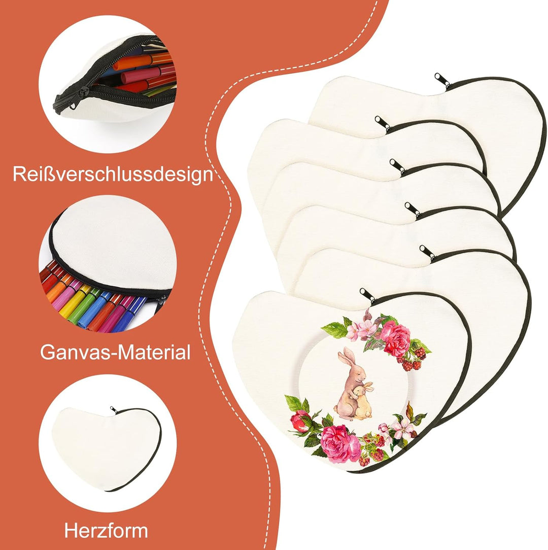10 Herzförmige Stoffbeutel zum Bemalen, DIY Federmäppchen mit 12 Buntstiften und 4 Malschablonen