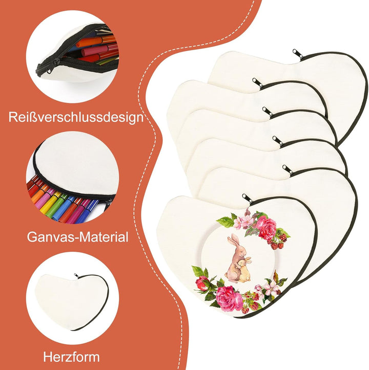 10 Herzförmige Stoffbeutel zum Bemalen, DIY Federmäppchen mit 12 Buntstiften und 4 Malschablonen