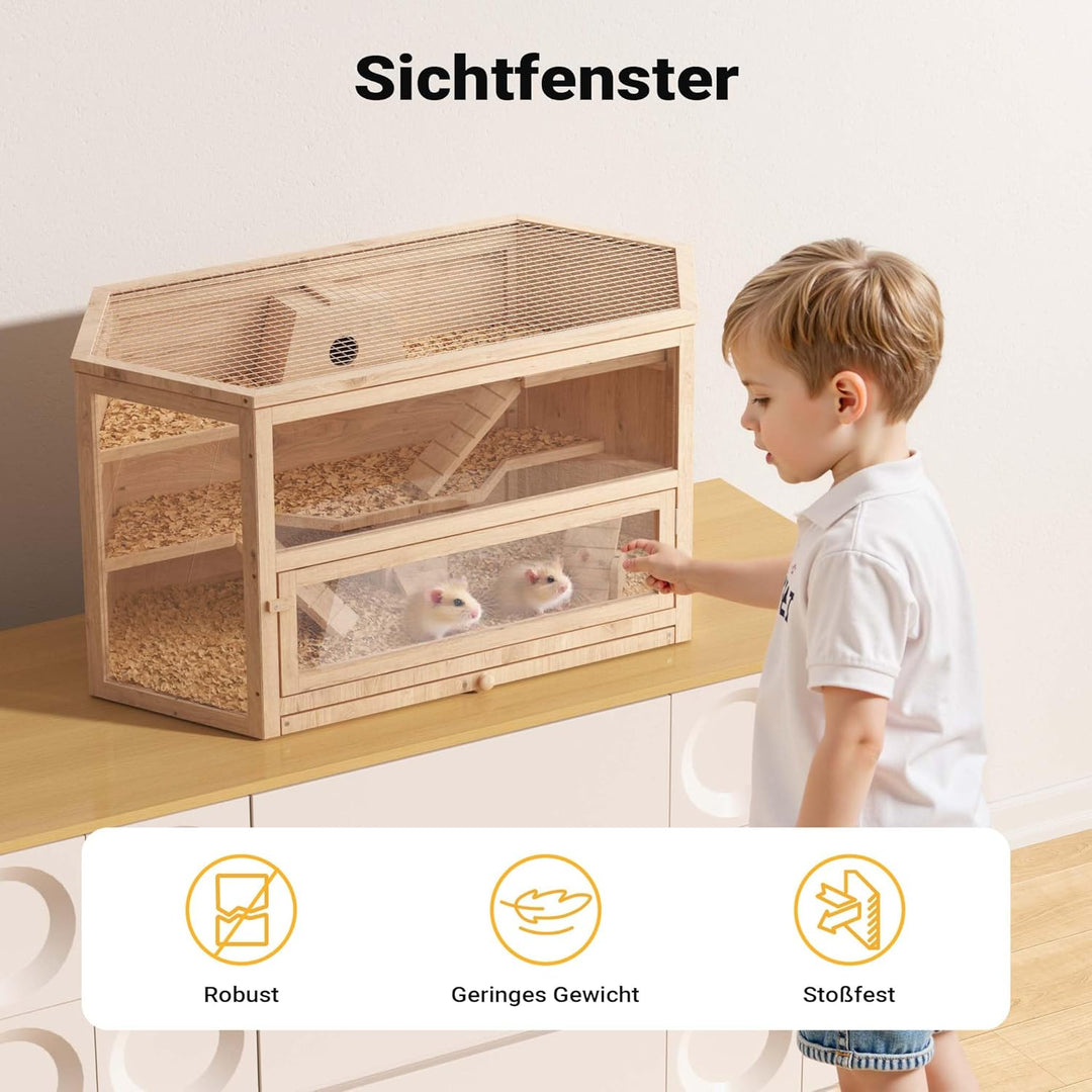 Wiltec XXL 3 Etagen Nagerkäfig, 6-eckig, 1150 x 600 x 580 mm, aus Holz, mit klappbarem Deckel & Sich