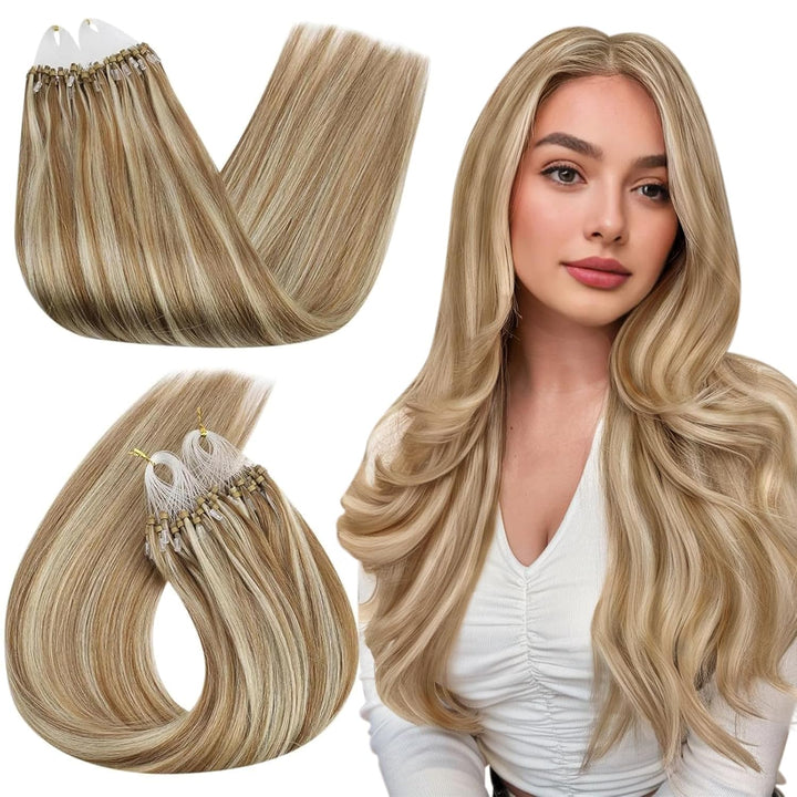 Ugeat Echthaar Extensions Microring 55cm Remy Echthaar Extensions Bondings P10/613 Hellbraun Highlig