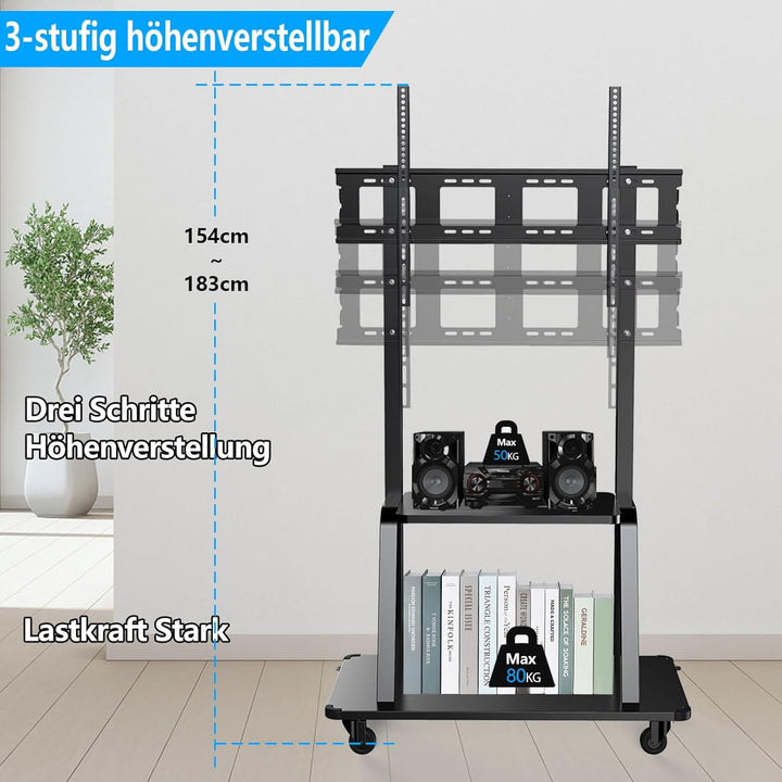 JXMTSPW TV Ständer Rollbar für 32-120 Zoll Fernseher, TV Wagen mit Tablett, Fernsehständer Höhenvers