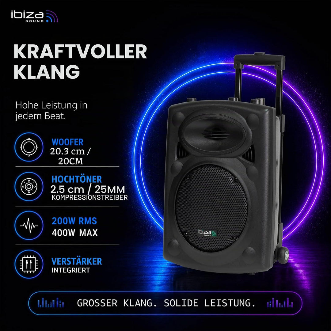 PORT8VHF-BT - Ibiza - Mobile BESCHALLUNGSANLAGE 8”/20CM MIT USB-MP3, BT, Rec, VOX, 1 VHF & 1, 8” VHF