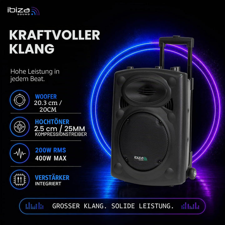 PORT8VHF-BT - Ibiza - Mobile BESCHALLUNGSANLAGE 8”/20CM MIT USB-MP3, BT, Rec, VOX, 1 VHF & 1, 8” VHF