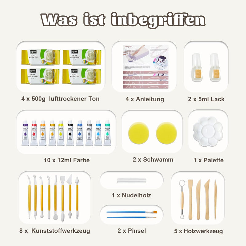 Anpro Home Air Dry Clay Pottery Kit für Anfänger, DIY Clay Play Kit für Erwachsene, mit Werkzeugen,