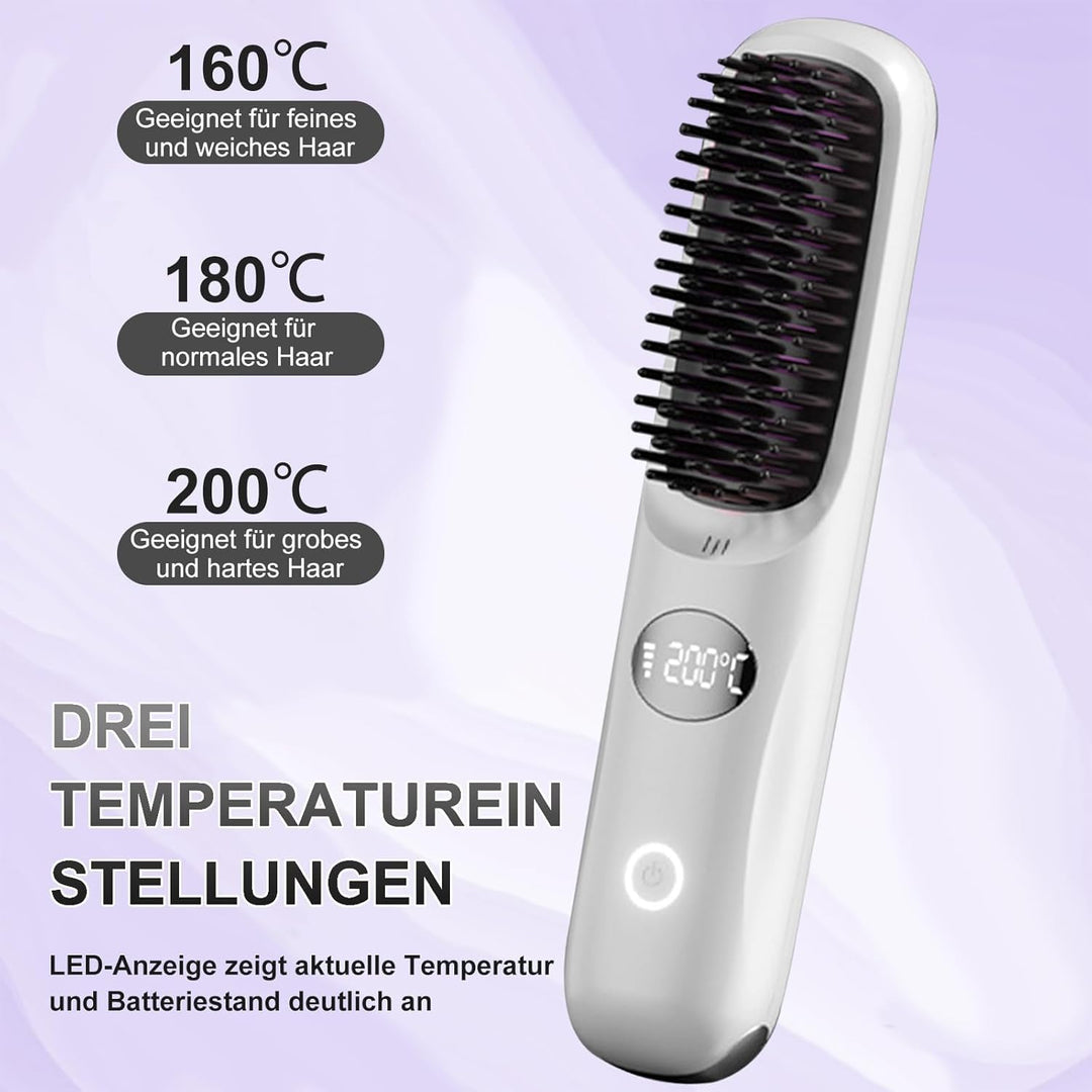 Kabellose Haarglätter Bürste - 3 Temperaturstufen, professionelle Keramikbeschichtung, Ionentechnolo