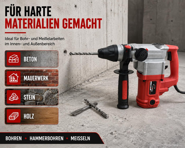 REXXER Bohrhammer SDS Plus 800W, 4 Joule Schlagkraft, Kombihammer mit Bohren, Schlagbohren, Meisseln