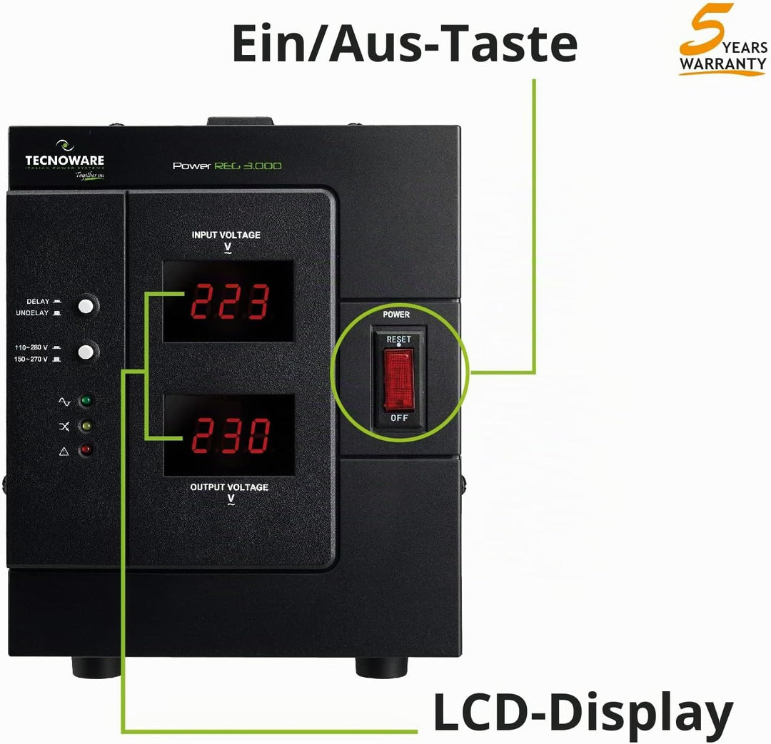 Tecnoware Power Reg 3000VA - Einphasiger Elektronischer Stabilisator - Stabilisierung ±6% - Kabelein