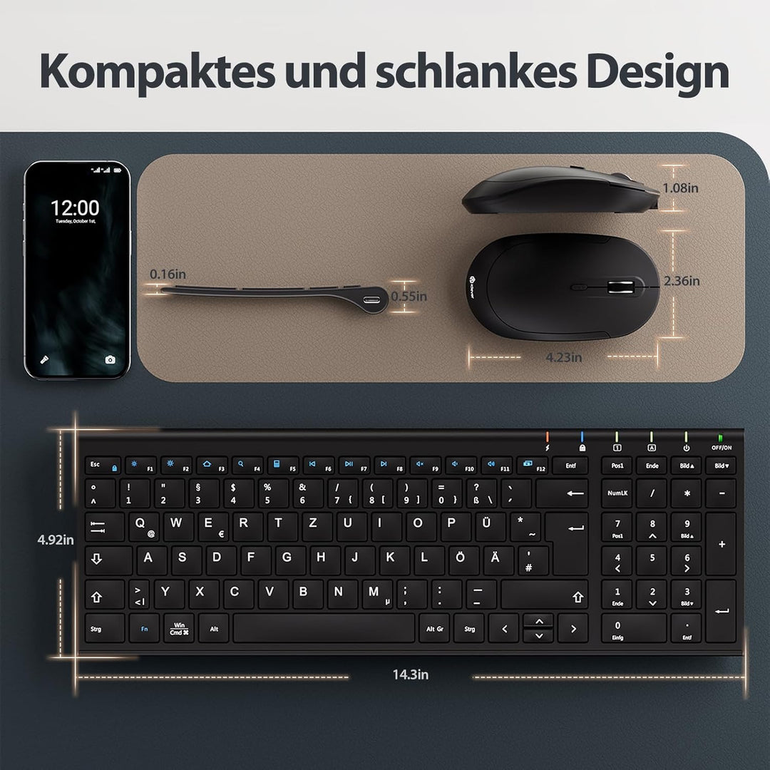iClever 2.4G Tastatur Maus Set Kabellos, Aluminium Wireless Slim Tastatur QWERTZ Layout (Deutsch), f