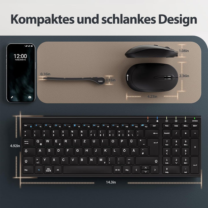 iClever 2.4G Tastatur Maus Set Kabellos, Aluminium Wireless Slim Tastatur QWERTZ Layout (Deutsch), f