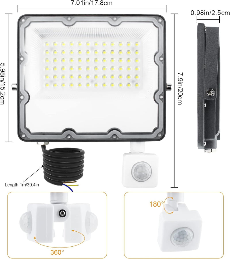 CREATESTAR Led Strahler mit Bewegungsmelder Aussen 60W 2er, 6500K Superhell LED Fluter mit Sensor IP